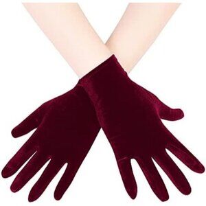 Women's Deep Burgundy Velvet Short Satin Gloves Style Wrist Flapper Banquet